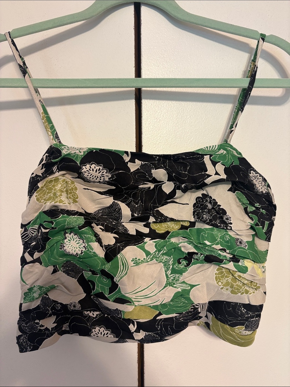 Anthropologie Green Black White Floral Ruched Crop top